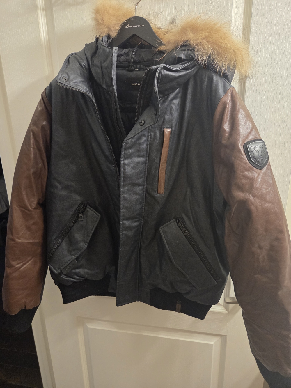 ***LUX***Rudsak Men's Two-Marine Navy & Brown Leather Hooded Bomber Jacket